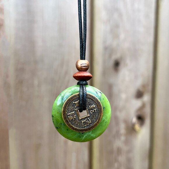 Green Canadian Jade Lucky Coin Pendant Necklace | Handmade - Picture 3 of 6